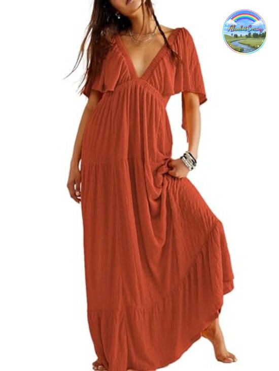 Dresses & Skirts - Women's V-Neck Backless Flutter Sleeve Tiered Maxi Dress Elastic Waist